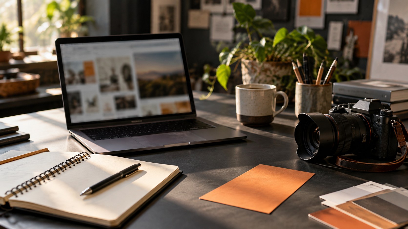 Camera, notebook, and laptop on a creative workspace